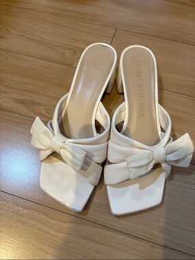 Stuart Weitzman Ivory Bow Square-Toe Leather Mules